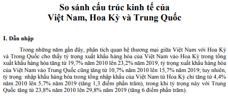 So sánh cấu trúc kinh tế của  Việt Nam, Hoa Kỳ và Trung Quốc
