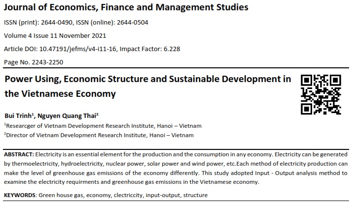 Sử dụng điện, cơ cấu kinh tế và phát triển bền vững trong nền kinh tế Việt Nam